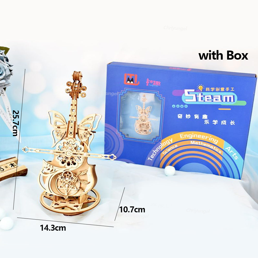 3D Puzzle Wooden Cello Model DIY Assembly Music Box With Dancing Butterflies Home Living Room Decor 6