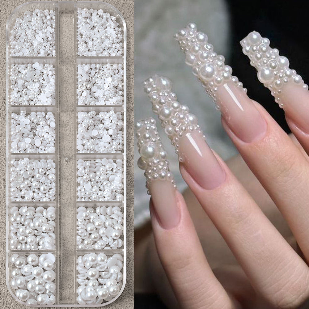 White Flatback Pearls Beads Nail Charms, 3D Nail Art Half Round Pearl Rhinestones for DIY Nail Jewelry & Craft