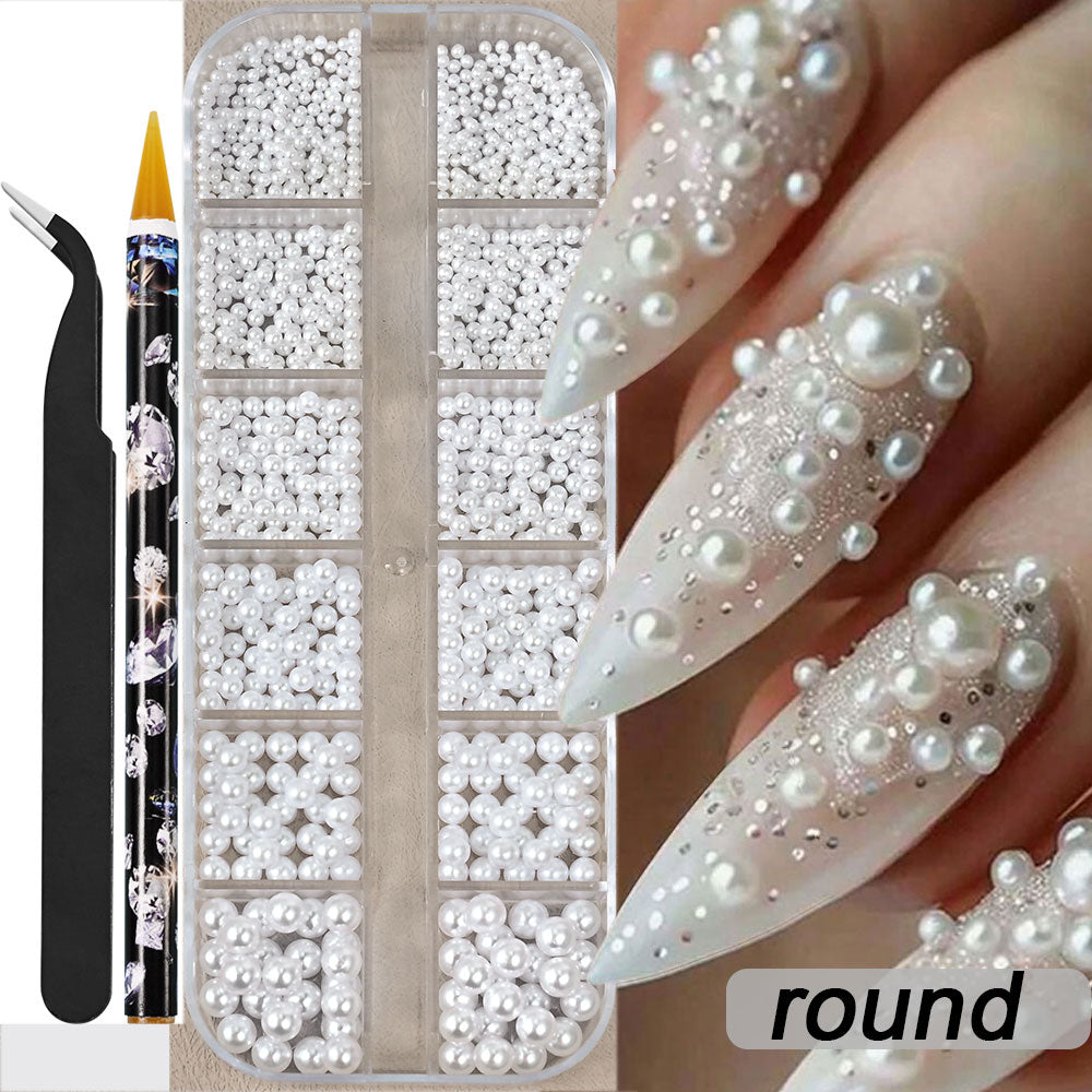 White Flatback Pearls Beads Nail Charms, 3D Nail Art Half Round Pearl Rhinestones for DIY Nail Jewelry & Craft