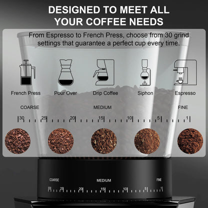 BioloMix Electric Burr Coffee Grinder With 30 Grinding Settings And Visual Bean Storage 2