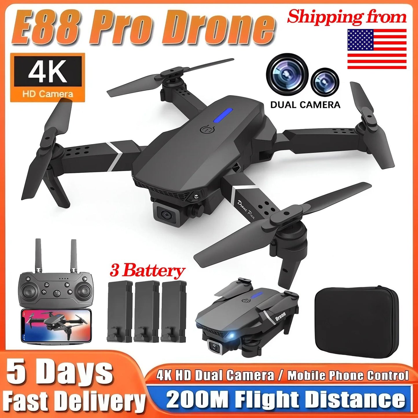 2024 E88Pro Foldable RC Drone with 4K Camera and 3 Batteries