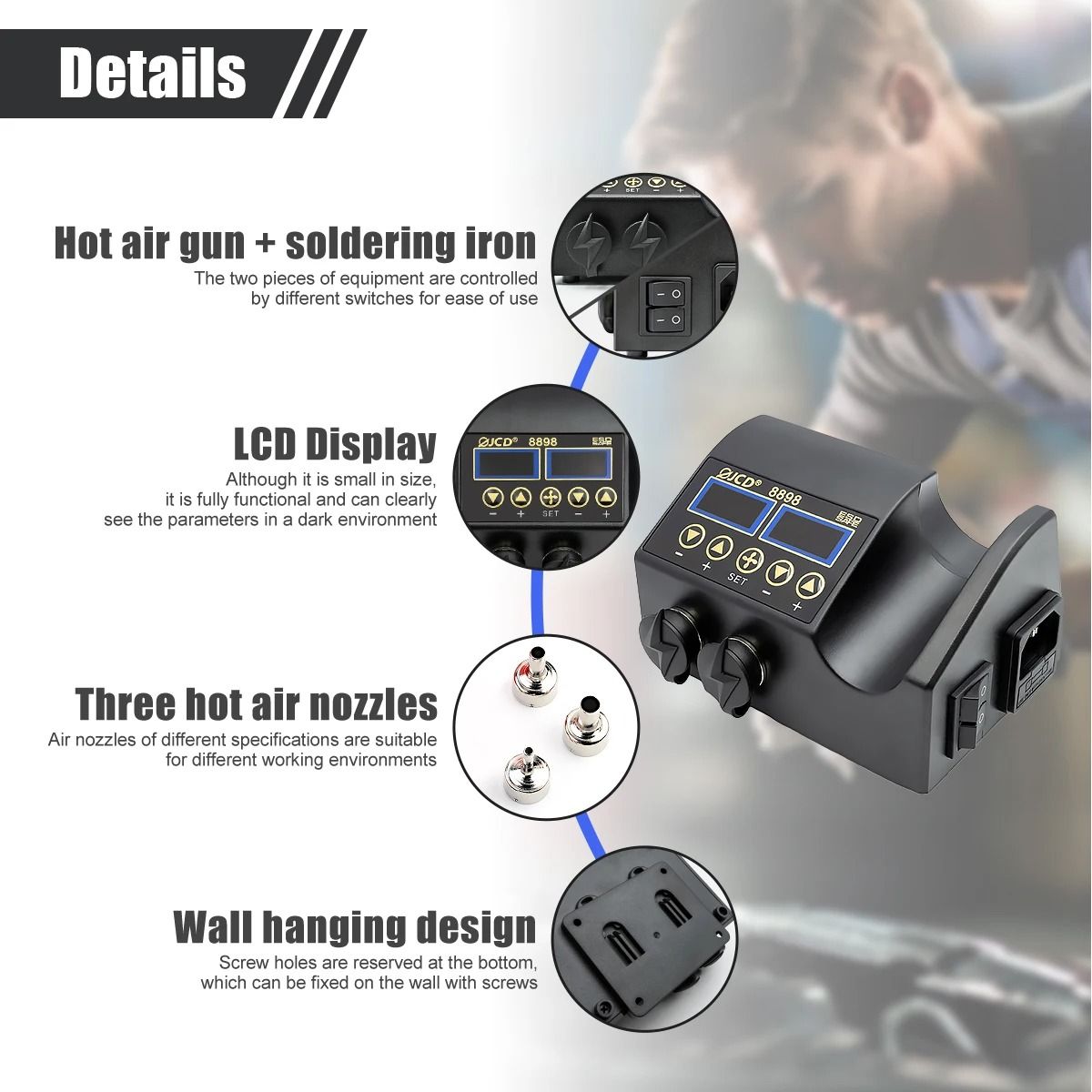 JCD 8898 Soldering Station 2 In 1 Soldering Iron And Hot Air Gun Rework Welding Repair Tool 3