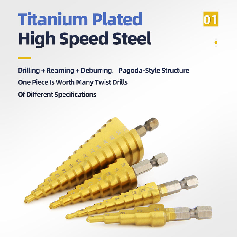 Titanium HSS Step Drill Bit Set for Metal Wood Plastic, Conical Stepped Power Tool Bits Kit