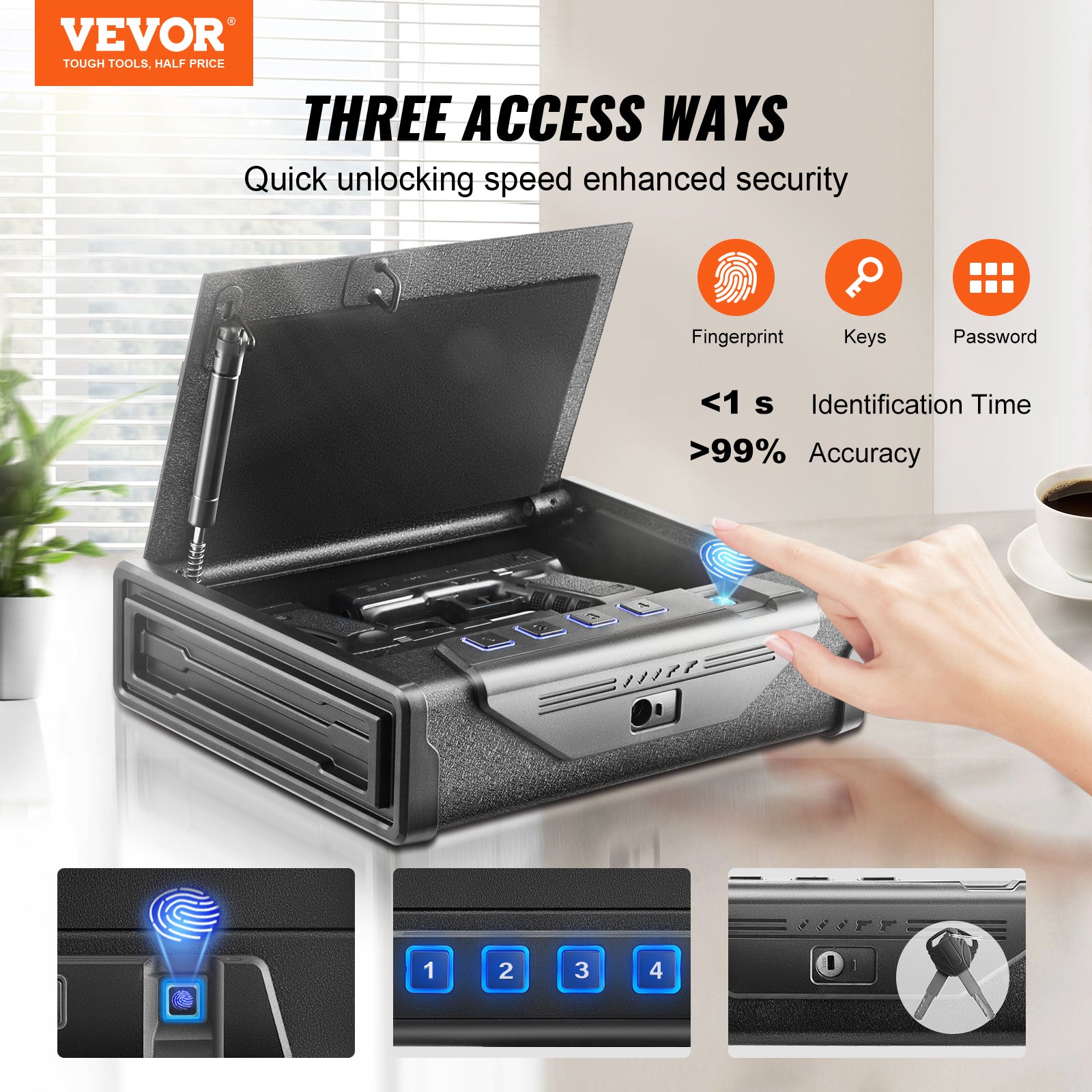 Advanced Biometric Q235 Steel Pistol Safe with 3-Way Quick Access & LED Illumination