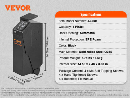 Advanced Biometric Q235 Steel Pistol Safe with 3-Way Quick Access & LED Illumination