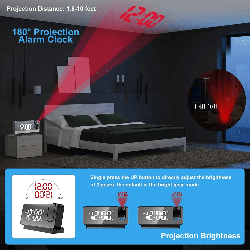 180 Degree Projection LED Alarm Clock With USB Charging And Ceiling Display 2