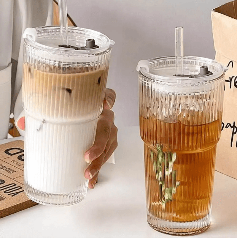 SleekStripe 600 ml Striped Glass Coffee and Drink Tumbler