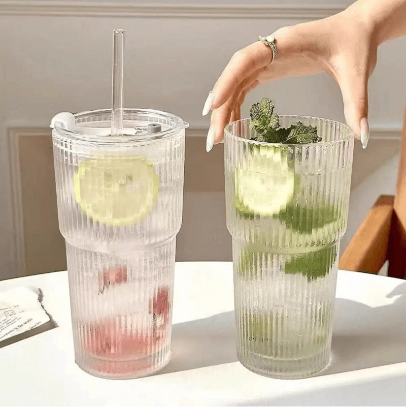 SleekStripe 600 Ml Striped Glass Coffee And Drink Tumbler 1