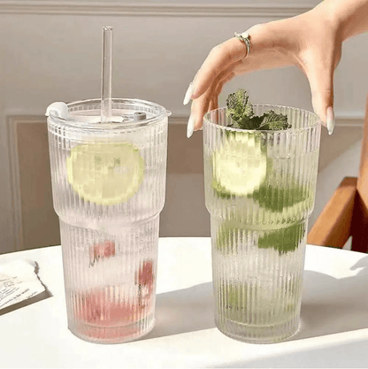 SleekStripe 600 Ml Striped Glass Coffee And Drink Tumbler 1