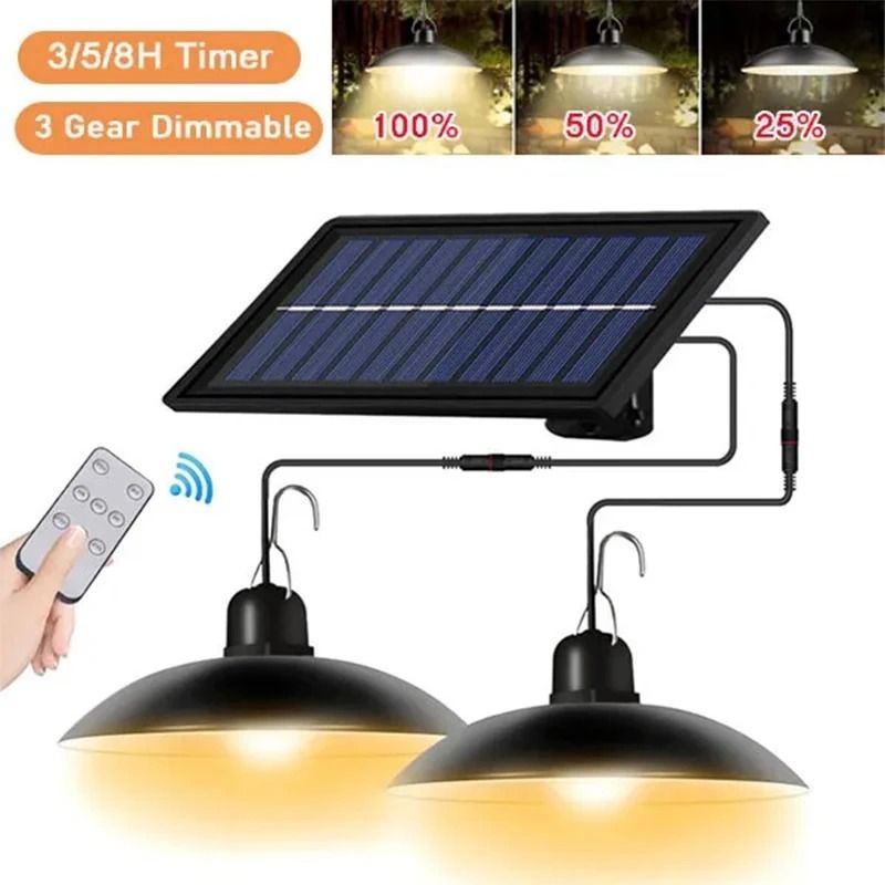 Solar Powered Pendant Light with Double Head LED Chandelier Waterproof Outdoor Indoor Shed Barn Room Ceiling Lamp Remote