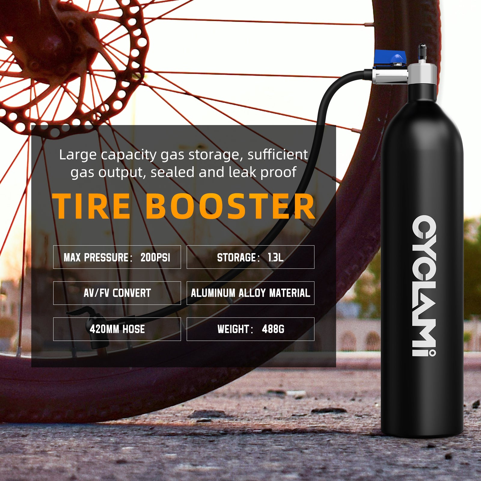 High-Pressure Aluminum Alloy 1.3L MTB Road Inflator Tyre Air Bottle, Tubeless Tire Booster with Valve Gas Cylinder