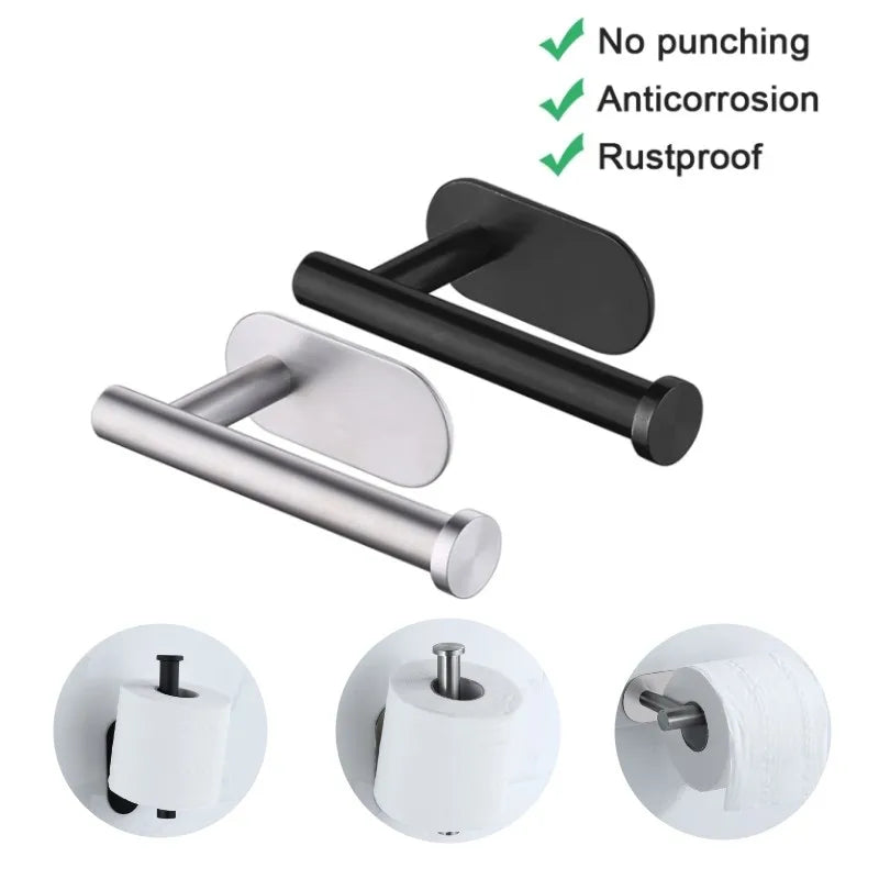Stainless Steel No Punching Toilet Paper Holder, Wall Mounted Anticorrosion Roll Holder for Bathroom & Kitchen