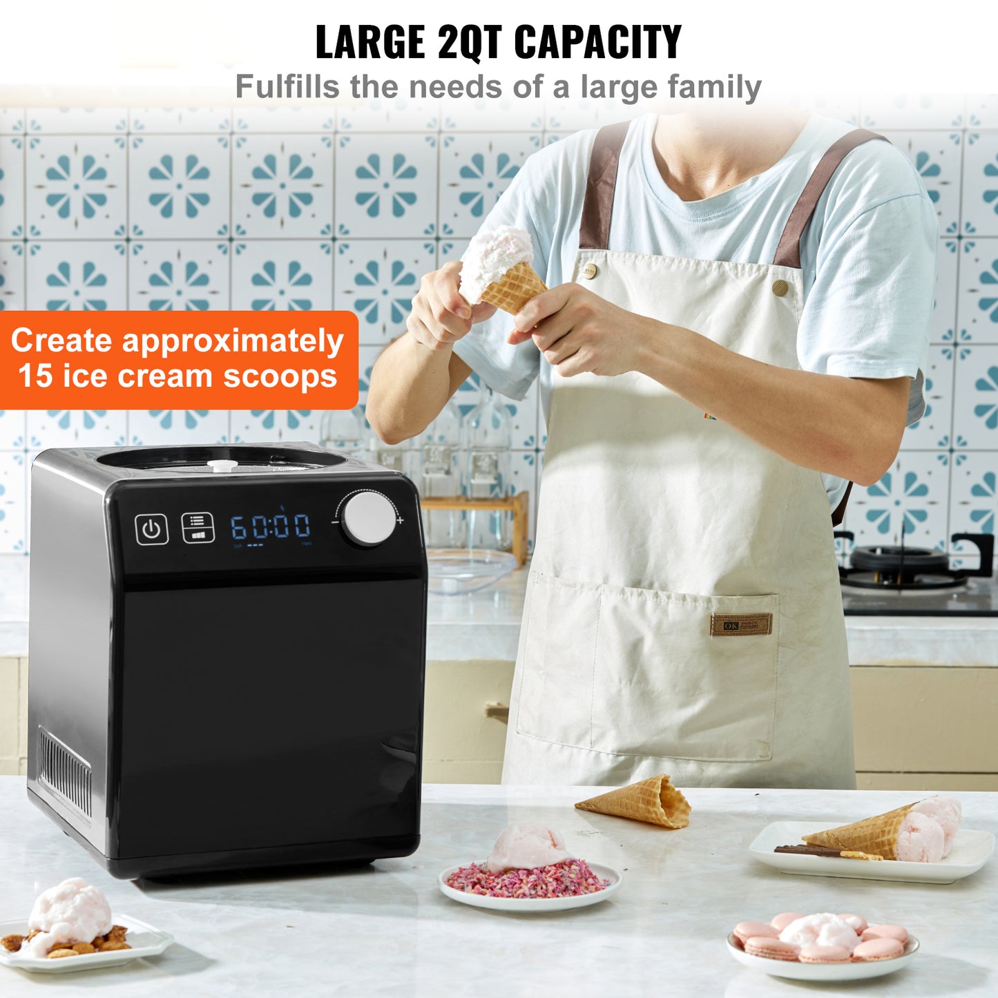 Upright Automatic Ice Cream Maker with Built-in Compressor 2 Quart No Pre-freezing Fruit Yogurt Machine 4 Modes