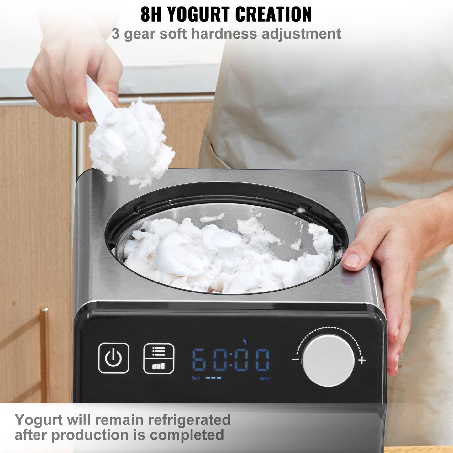 Upright Automatic Ice Cream Maker with Built-in Compressor 2 Quart No Pre-freezing Fruit Yogurt Machine 4 Modes