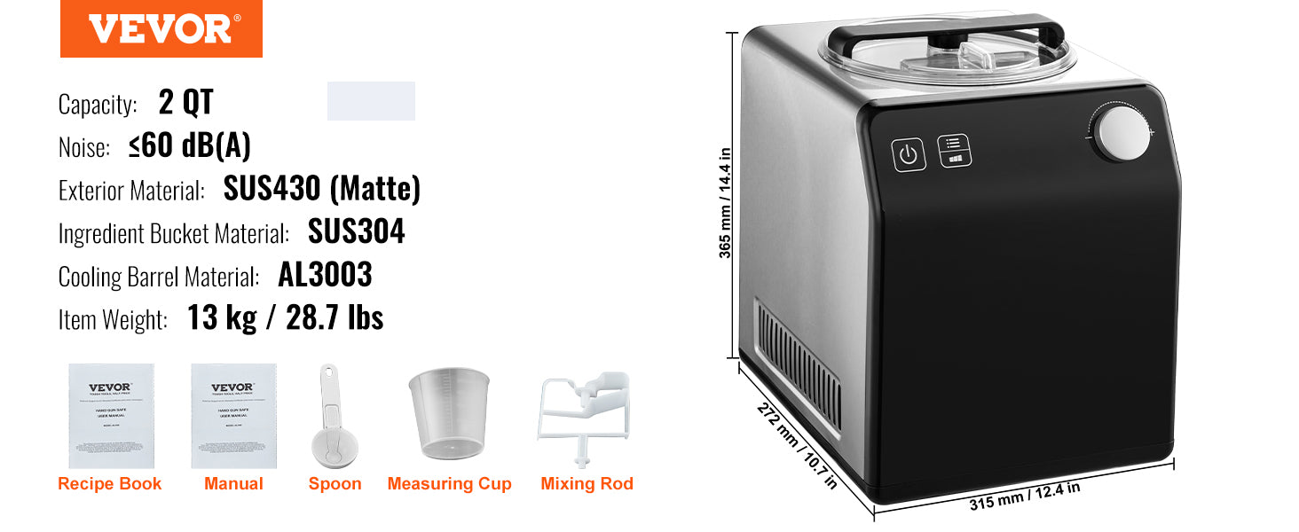 Upright Automatic Ice Cream Maker with Built-in Compressor 2 Quart No Pre-freezing Fruit Yogurt Machine 4 Modes