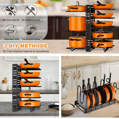 Space-saving Cabinet Holder for Pots, Pans and Lids, 8-Tier Duty Pot Rack Organizer Durable Metal for Customizable Cook