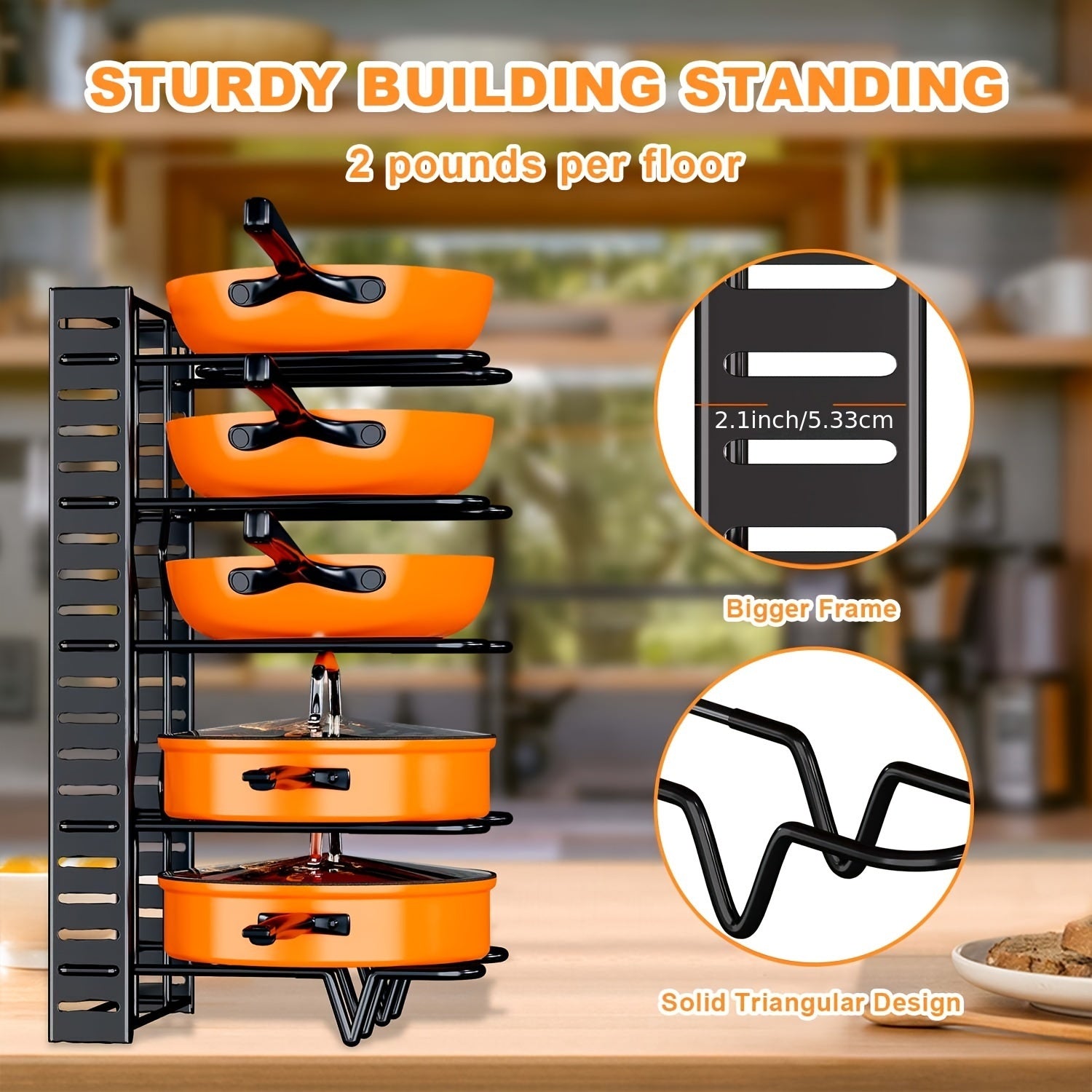 Space-saving Cabinet Holder for Pots, Pans and Lids, 8-Tier Duty Pot Rack Organizer Durable Metal for Customizable Cook