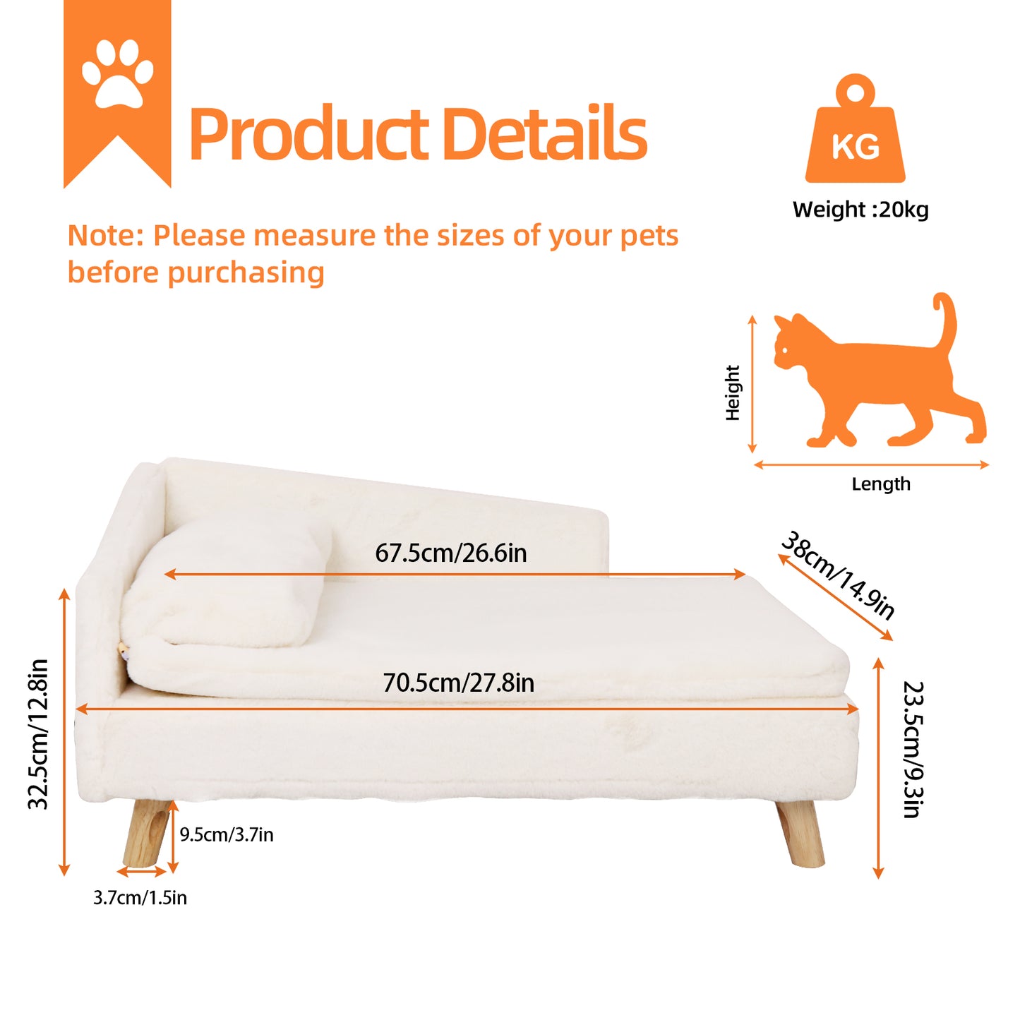 Elevated Pet Bed with Cushion Mattress & Sturdy Wood Legs, Waterproof Cozy Nordic Pet Stool for Small Dogs & Kittens