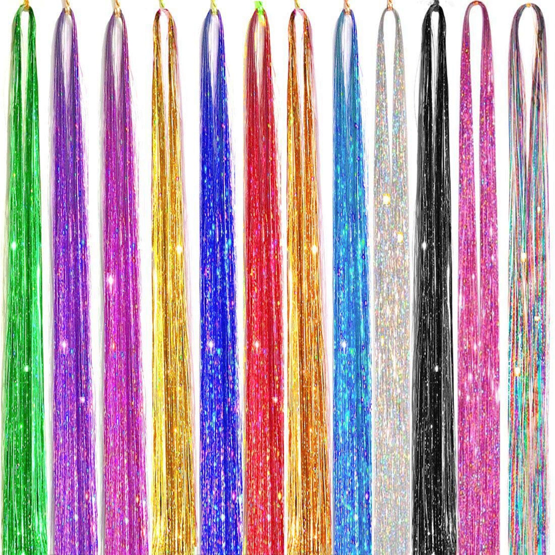 Long Sparkle Hair Tinsel Extension, Glitter Shiny Strands for Women Braiding, Headdress, Party, Hippie Hair Accessory