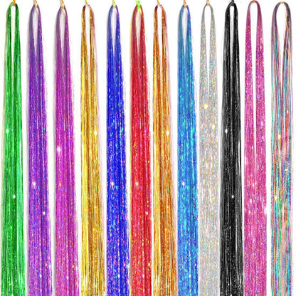 Long Sparkle Hair Tinsel Extension, Glitter Shiny Strands for Women Braiding, Headdress, Party, Hippie Hair Accessory