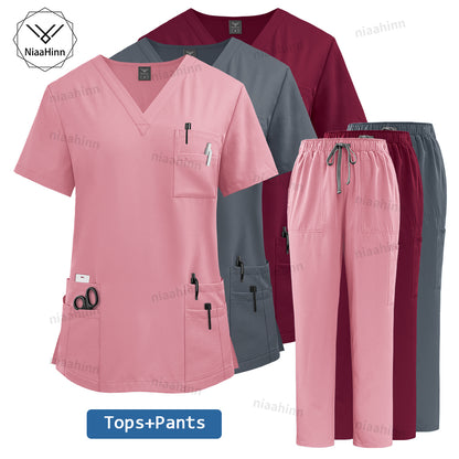 Unisex High Quality Nurse Uniform Set, Medical Clothing for Women with Lab Coat, Tops, and Pants, Nursing Scrubs Suit