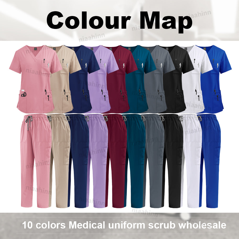 Unisex High Quality Nurse Uniform Set, Medical Clothing for Women with Lab Coat, Tops, and Pants, Nursing Scrubs Suit