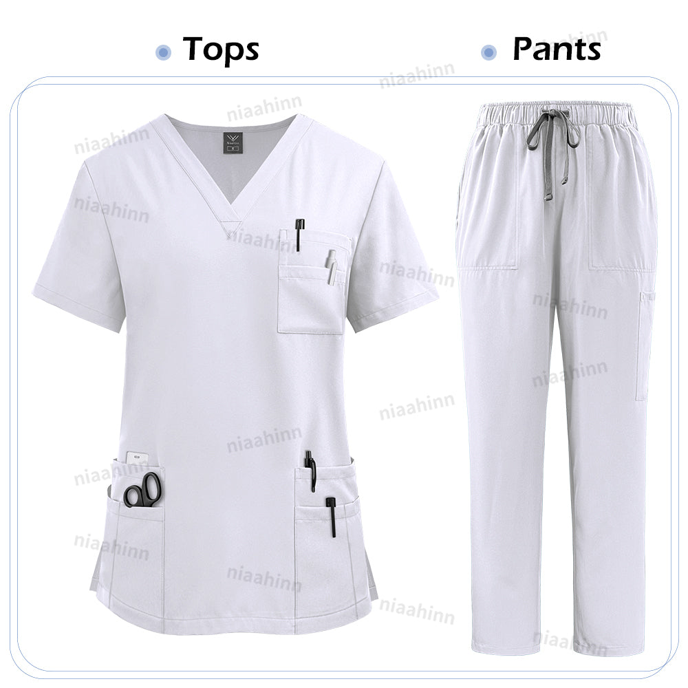 Unisex High Quality Nurse Uniform Set, Medical Clothing for Women with Lab Coat, Tops, and Pants, Nursing Scrubs Suit