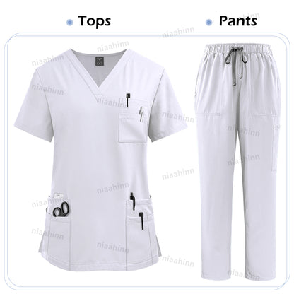 Unisex High Quality Nurse Uniform Set, Medical Clothing for Women with Lab Coat, Tops, and Pants, Nursing Scrubs Suit