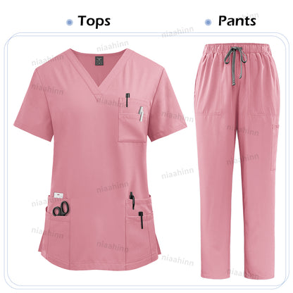 Unisex High Quality Nurse Uniform Set, Medical Clothing for Women with Lab Coat, Tops, and Pants, Nursing Scrubs Suit