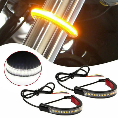 LED Motorcycle Turn Signal Light & DRL Amber White Blinker Fork Ring Strip Flasher Indicator for Bike Scooter ATV