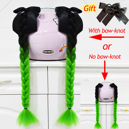 Twist Dual Pigtail Wig for Motorcycle Helmet, Women Braided Hairpiece with Sucker Attachment for Motorbike Helmets