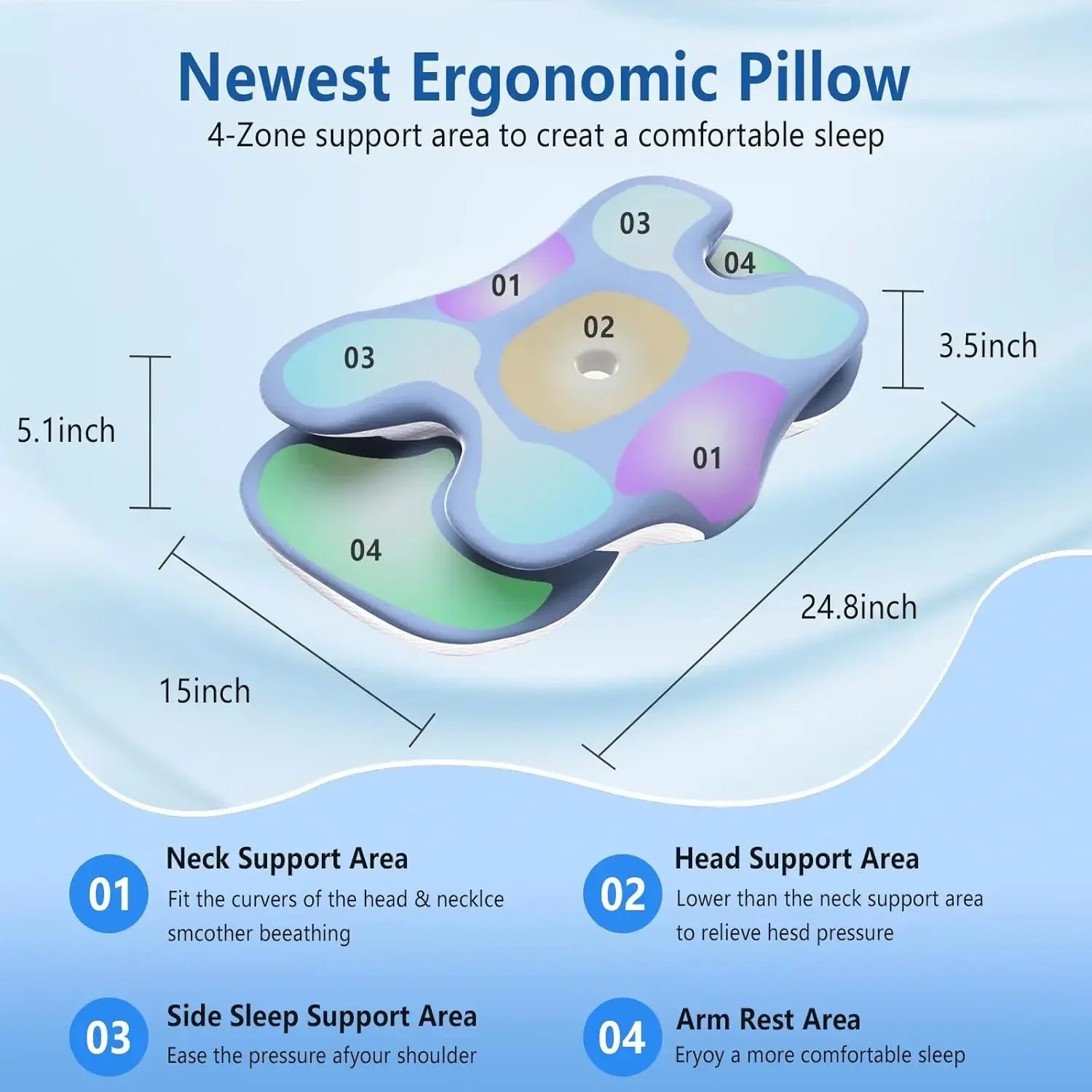 Ice Silk Pillowcase Ergonomic Cervical Pillow, Memory Foam Pillow Neck Pain Relief Comes Adjustable, Home for Back Side