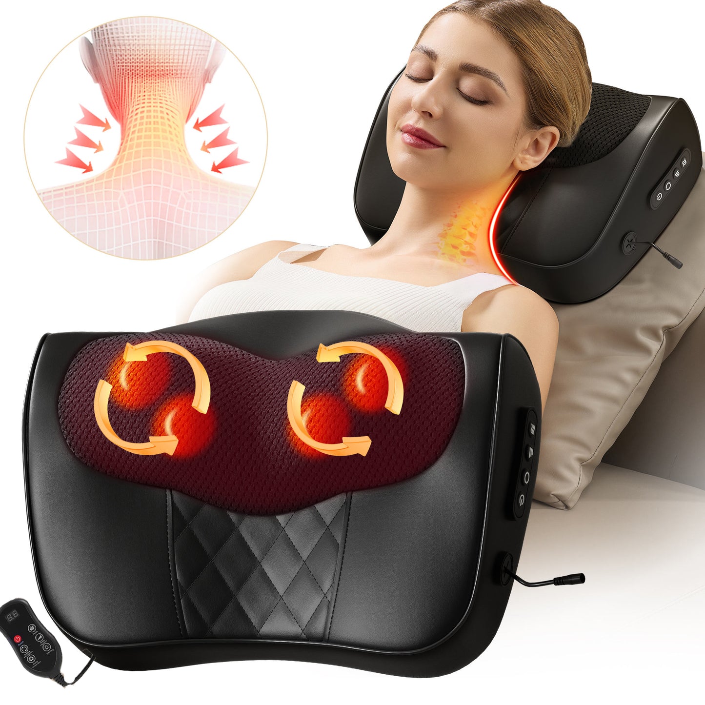 Multifunctional Neck Massage Pillow, Cervical Massager, Waist Back Shoulder Shiatsu Kneaded with Hot Compress