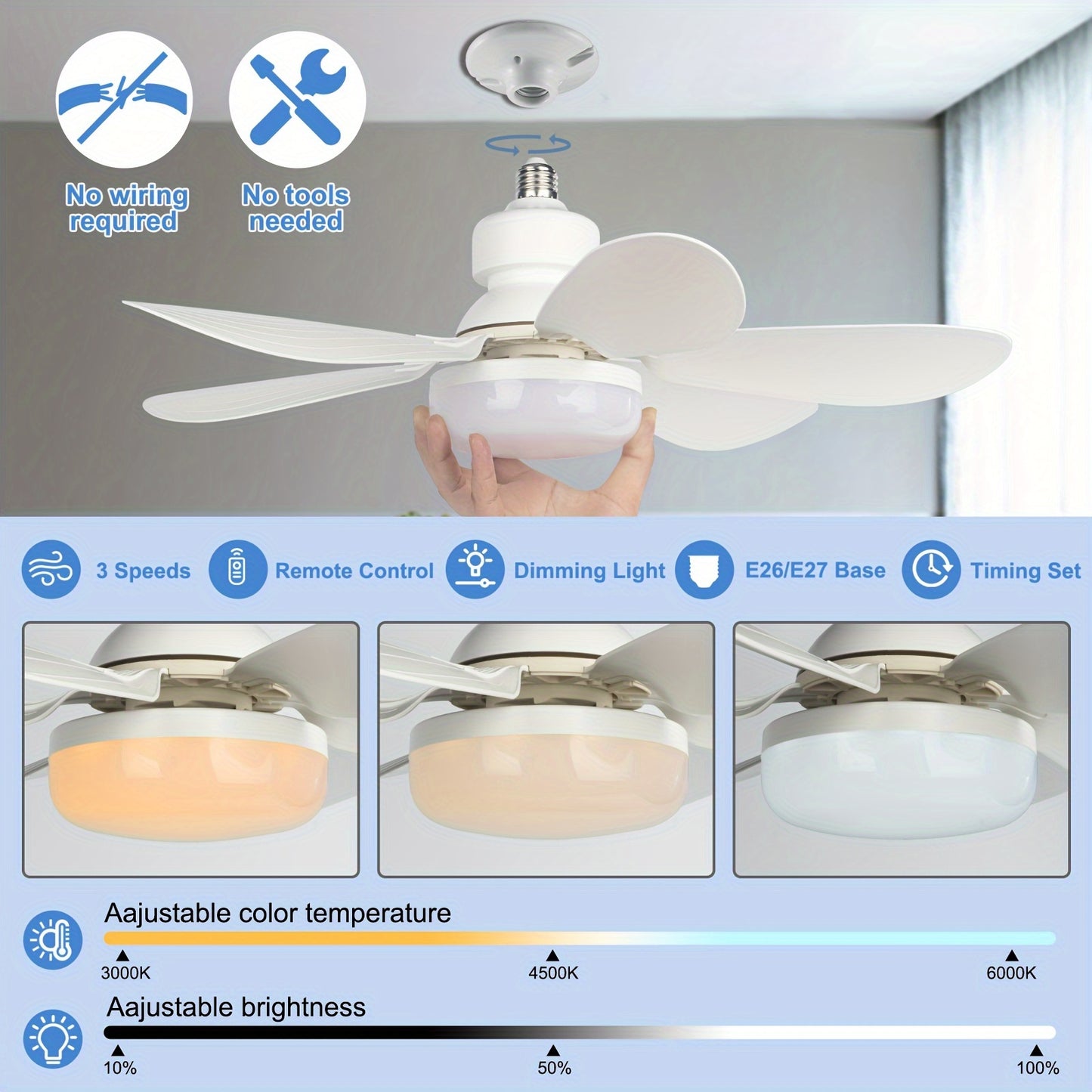 Socket Ceiling Fan Light with Remote, LED Fan Bulb Screw Fixture for Bathroom, Bedroom, Kitchen, Indoor Lighting