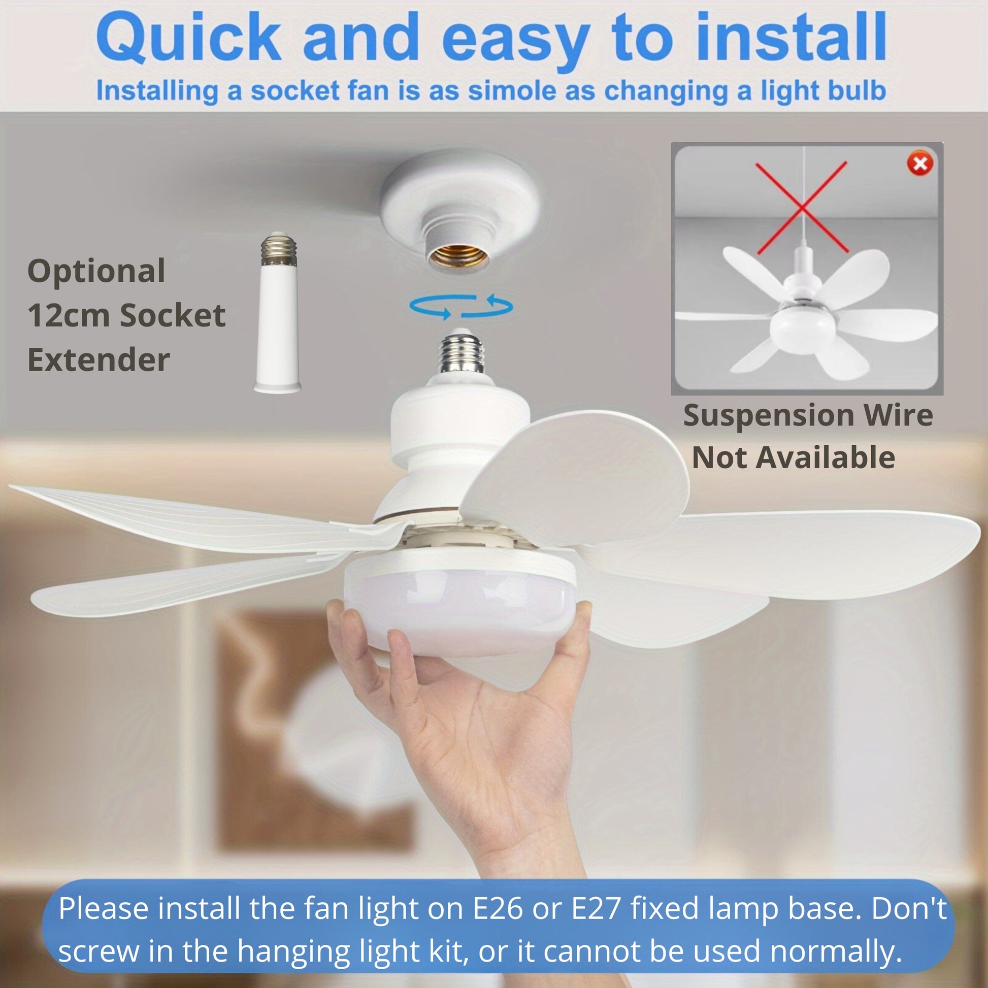 Socket Ceiling Fan Light with Remote, LED Fan Bulb Screw Fixture for Bathroom, Bedroom, Kitchen, Indoor Lighting