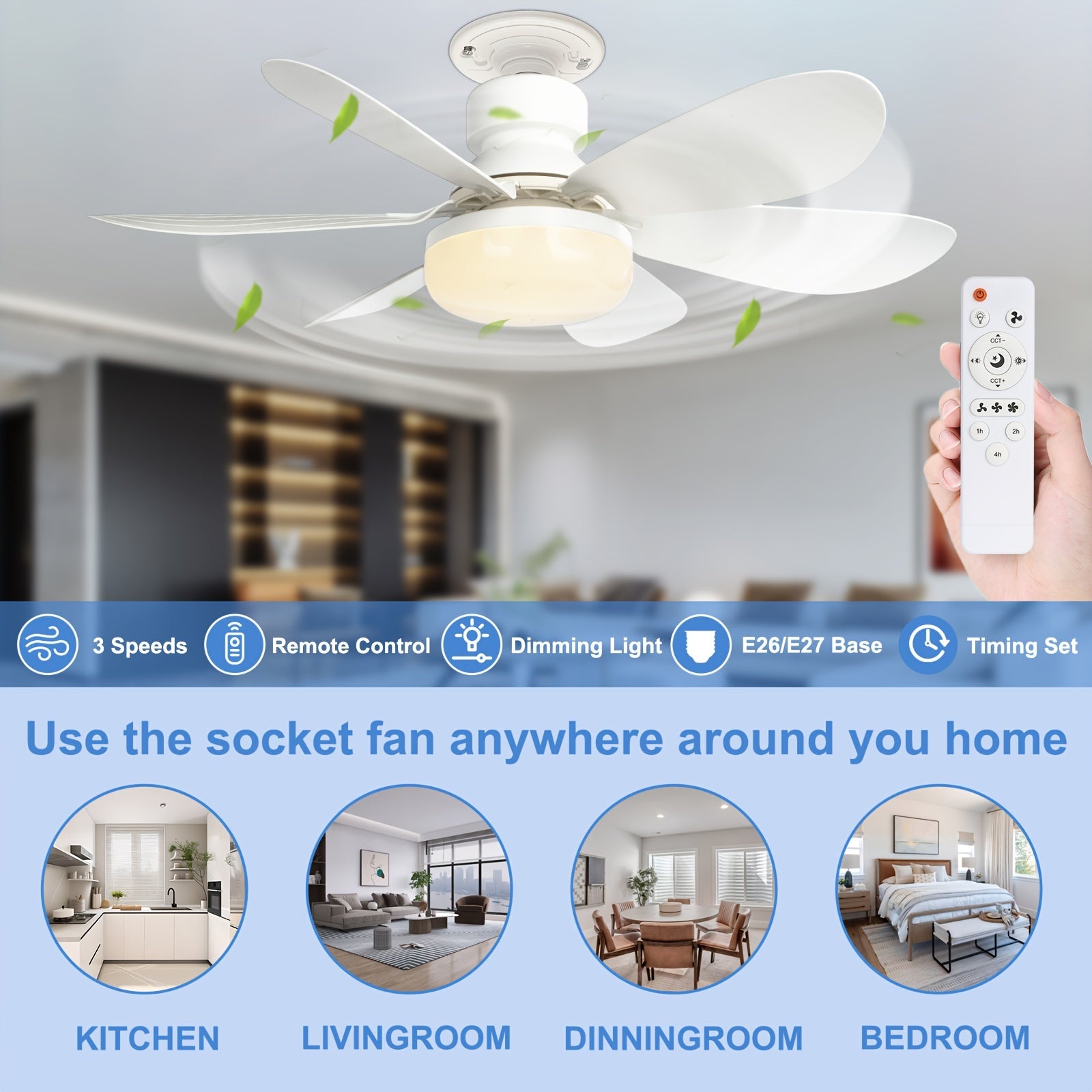 Socket Ceiling Fan Light with Remote, LED Fan Bulb Screw Fixture for Bathroom, Bedroom, Kitchen, Indoor Lighting
