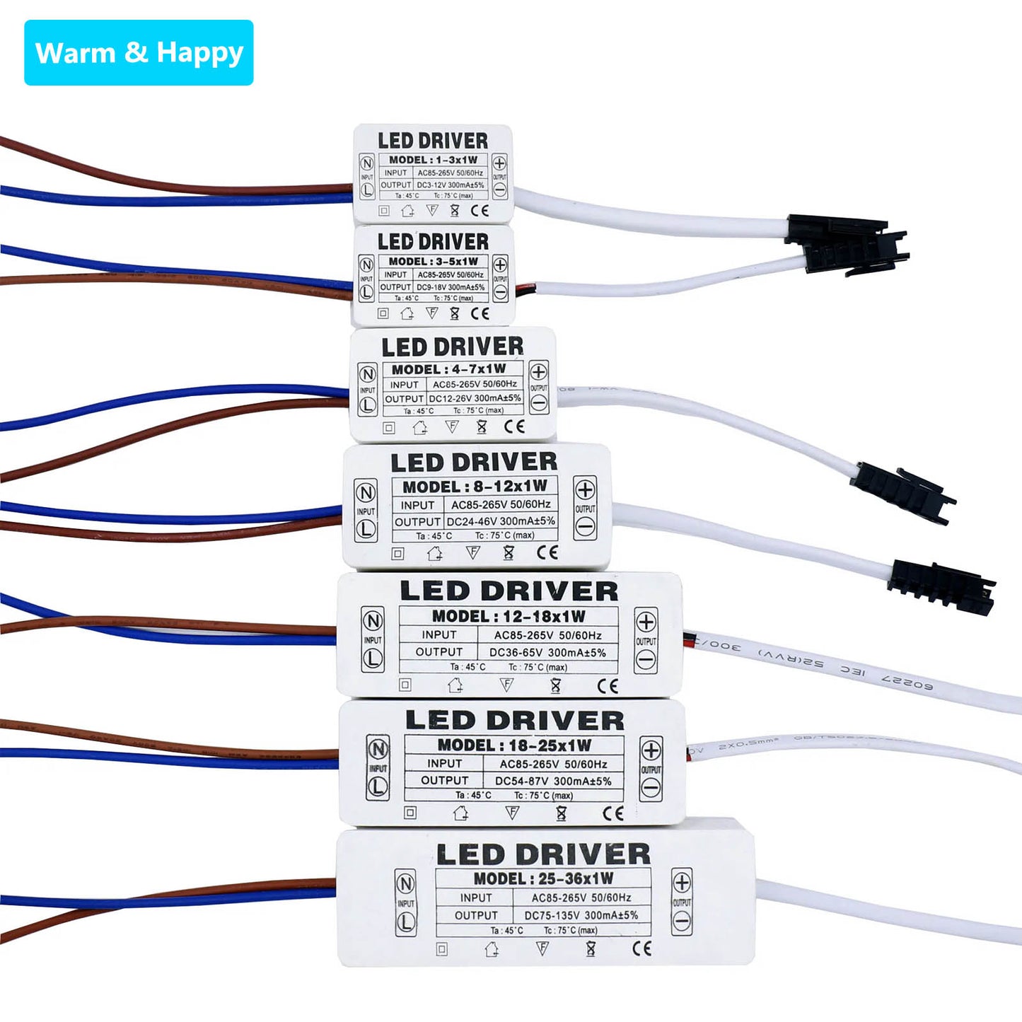 AC LED Driver 300mA Constant Current Power Supply with Shell Connector for LED Lights, Lamps, and Strips