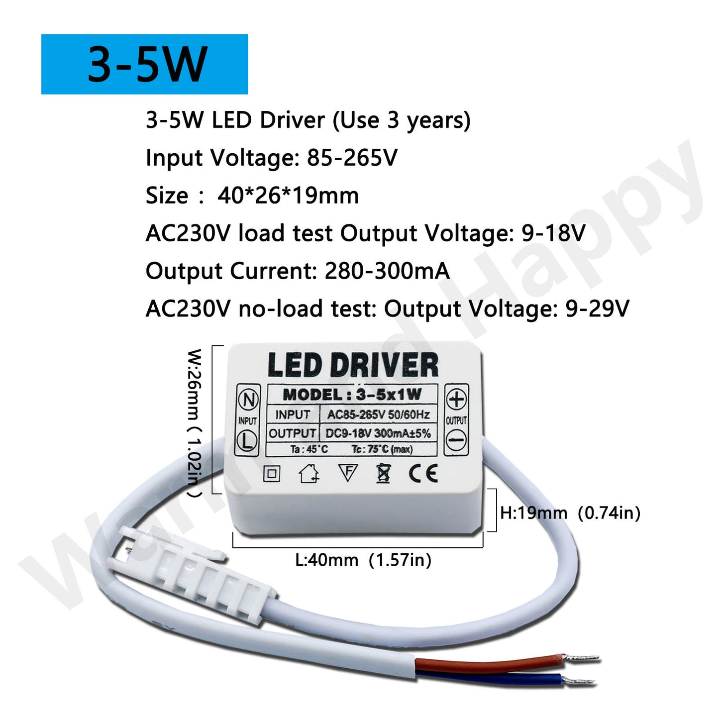 AC LED Driver 300mA Constant Current Power Supply with Shell Connector for LED Lights, Lamps, and Strips