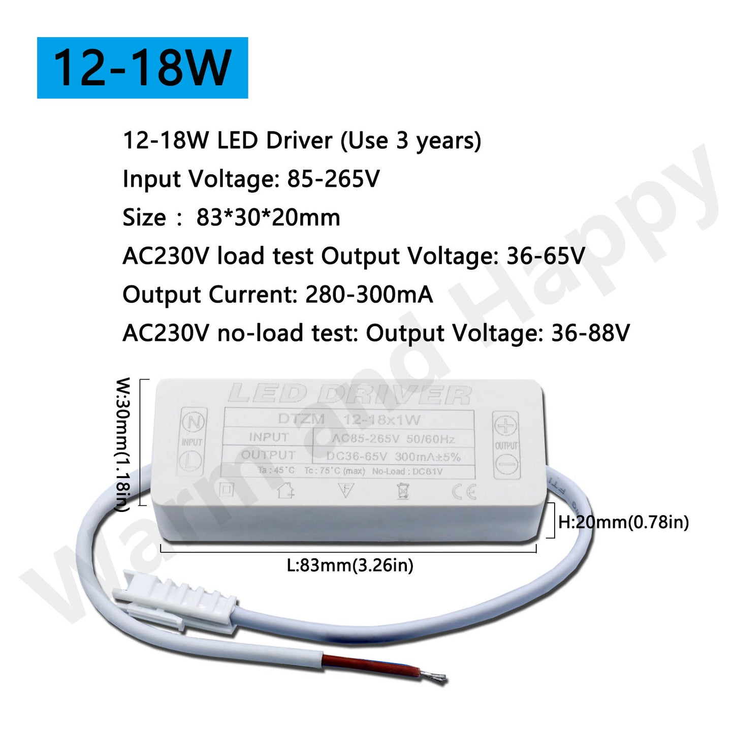 AC LED Driver 300mA Constant Current Power Supply with Shell Connector for LED Lights, Lamps, and Strips
