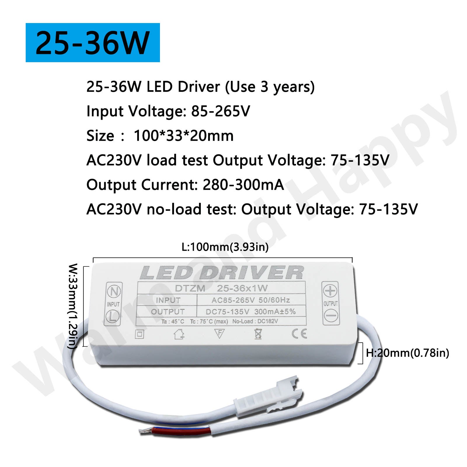 AC LED Driver 300mA Constant Current Power Supply with Shell Connector for LED Lights, Lamps, and Strips