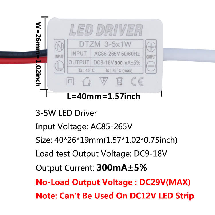 AC LED Driver 300mA Constant Current Power Supply with Shell Connector for LED Lights, Lamps, and Strips