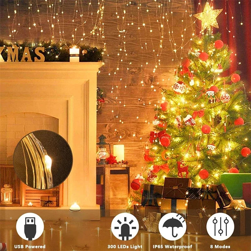 LED Fairy Curtain String Lights USB Garland Lamp 8 Lighting Modes for Christmas, Wedding, New Year & Home Decoration
