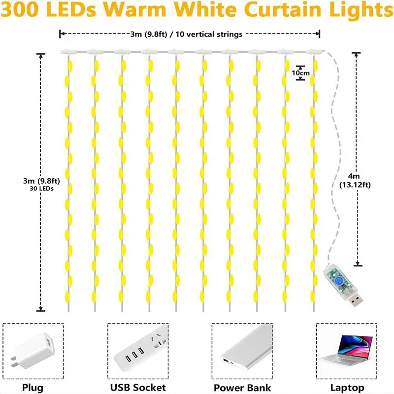 LED Fairy Curtain String Lights USB Garland Lamp 8 Lighting Modes for Christmas, Wedding, New Year & Home Decoration