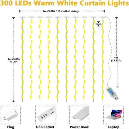 LED Fairy Curtain String Lights USB Garland Lamp 8 Lighting Modes for Christmas, Wedding, New Year & Home Decoration
