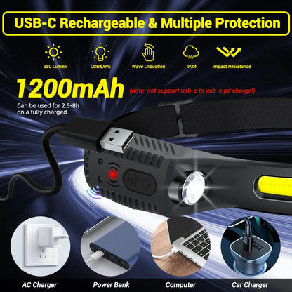 LED Sensor Headlamp USB Rechargeable Head Torch Waterproof Headlight Flashlight For Camping Hiking