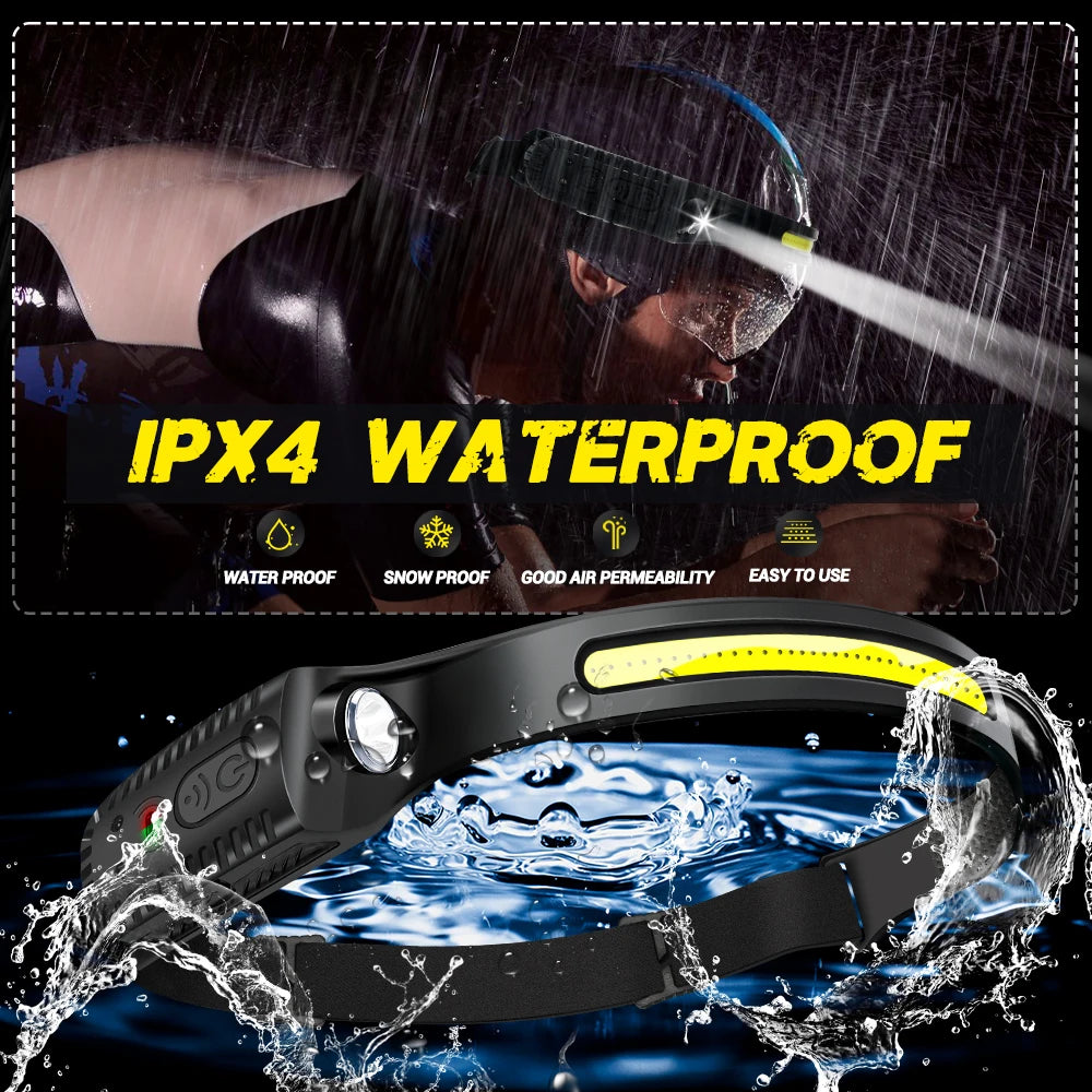 LED Sensor Headlamp USB Rechargeable Head Torch Waterproof Headlight Flashlight For Camping Hiking