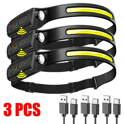 LED Sensor Headlamp USB Rechargeable Head Torch Waterproof Headlight Flashlight For Camping Hiking
