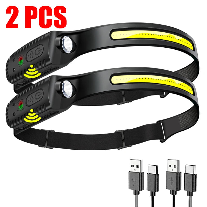 LED Sensor Headlamp USB Rechargeable Head Torch Waterproof Headlight Flashlight For Camping Hiking