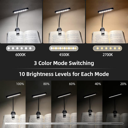 USB Rechargeable 14LED Book Reading Light, Flexible Clip-On Night Lamp, Portable Warm Cool Daylight Bedside Desk Light
