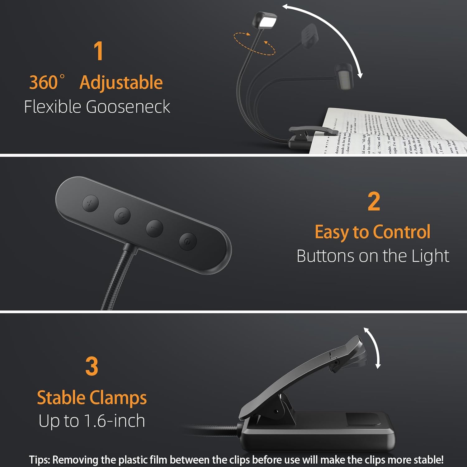 USB Rechargeable 14LED Book Reading Light, Flexible Clip-On Night Lamp, Portable Warm Cool Daylight Bedside Desk Light